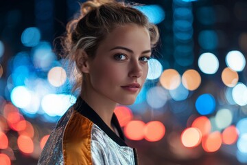 Woman Stands in City at Night With Colorful Lights Reflecting Around Her and a Serious Expression on Her Face