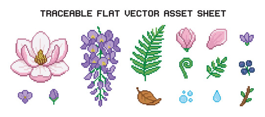 Pixel art set of botanical icons including magnolia, wisteria, fern, and berries, designed in a charming retro 8-bit video game style for digital assets and creative projects