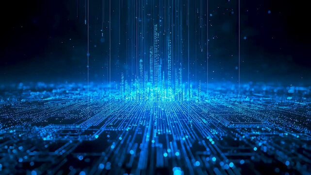 Glowing blue digital data landscape with vertical light streams forming vast information grid showing advanced computing and network technology