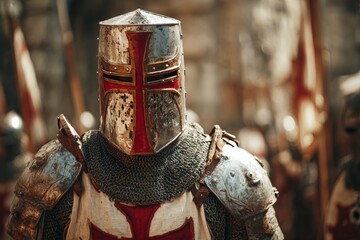 Templar Knight Stands Ready With Army in Medieval Town Preparing for Battle With Castle in the Background