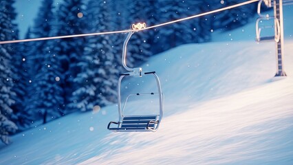 Empty chairlift moving on cable above snowy slope at winter resort. Ski vacation travel for mountain sport and leisure activity.
