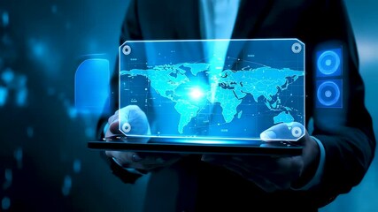 Business professional presenting holographic world map interface showing global data connectivity international communication and modern digital technology