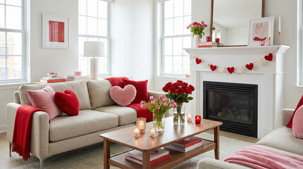 Obraz premium Cozy living room decorated with heart decor, red pillows, flowers for Valentines Day. Romantic home interior for holiday celebration content.