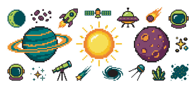 Collection of pixel art space icons featuring planets, a rocket, a UFO, and an astronaut helmet in a retro 8-bit video game style for creative digital projects