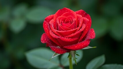 Close-up vibrant red rose blooming, displaying intricate petals and water droplets against blurred green backdrop
