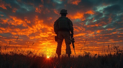 Fototapeta premium Silhouette of a Lone Soldier with Rifle Against Dramatic Cloudy Sky, Military Concept of Strength, Courage, and Duty.
