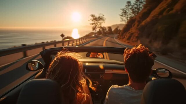 Valentine's Day: A young couple enjoys a romantic drive in a convertible car along a scenic coastal road during a beautiful sunset video.