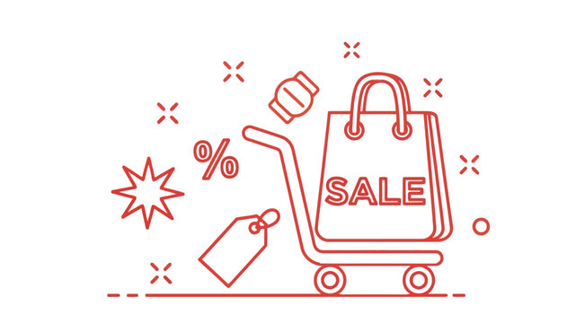 Shopping cart with sale items and discount symbols in a minimalist line art style - Powered by Adobe