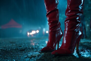 Tall Red Womens Leather Boots on Wet Ground During Heavy Rain at Night With Dramatic Lighting and Reflections