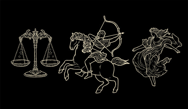 Vector illustration of zodiac signs in a synthage linear retro engraving style with baroque elements. Astrology and tarot