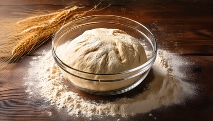 Freshly Kneaded Bread Dough Rising In Glass Bowl On Wooden Surface With Flour Scattered Around