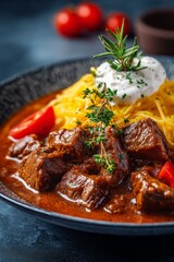 Beef Stew Served With Pasta and Garnished With Herbs on a Black Plate in Kitchen Setting With Tomatoes in Background