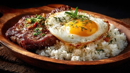 Delicious meal of steak rice and fried egg on a wooden plate closeup