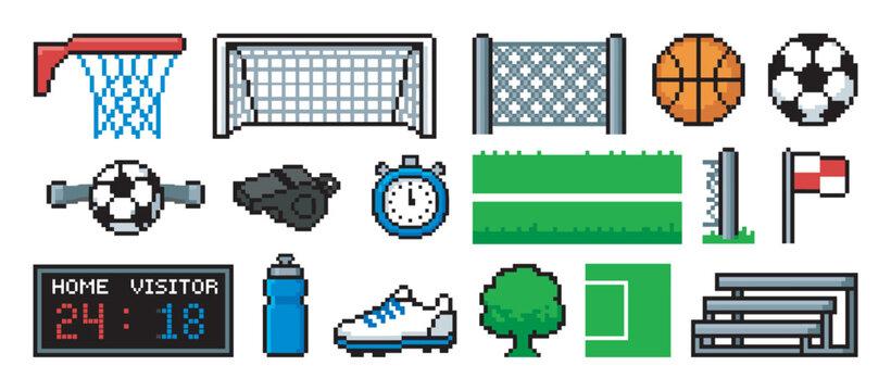 Pixel art sports equipment icon set featuring various items for soccer and basketball games, including a ball, goal, scoreboard, and whistle in a retro 8-bit video game style