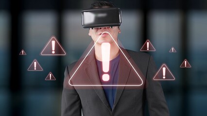 A businessman engages with a virtual reality headset while surrounded by caution signs, representing modern technology risks and opportunities in today digital world. Raster