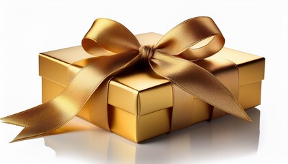 Isolated Elegant Gold Gift Box With Satin Ribbon