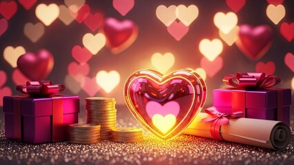 Glowing heart, gift box, coins, and scroll on glitter. Valentines Day romance and economic prosperity concept. Celebration and wealth.