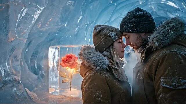 Couple in winter tunnel with frozen rose glowing warmly as they kiss in icy cave romantic glow