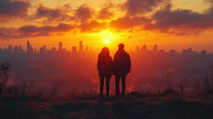 Fototapeta premium Silhouetted couple on hilltop at sunrise overlooking city skyline. Nature and city