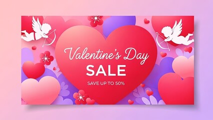 Obraz premium Valentines Day sale banner with flying cherubs and heart shapes. Love holiday promotion concept for greeting card promotion.