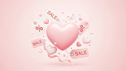 Pink 3D hearts and sale tags floating on a light background. Valentines Day discount and promotional offer concept for holiday shopping.