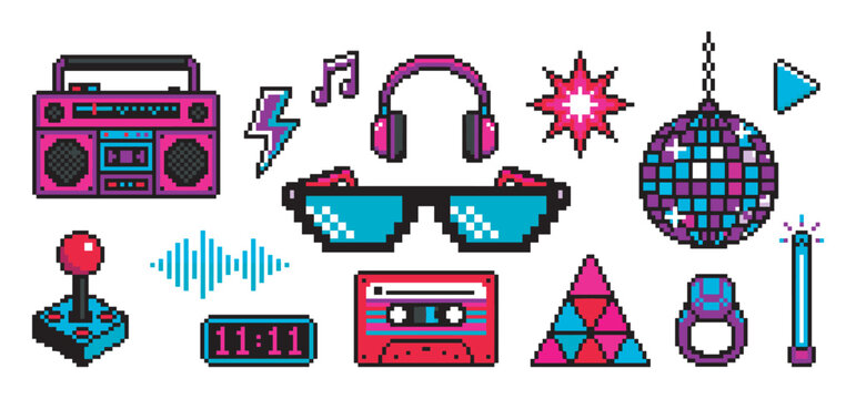 Collection of colorful retro pixel art icons featuring a boombox, disco ball, joystick, and cassette tape in a vibrant 8-bit graphic style evoking a nostalgic 80s party