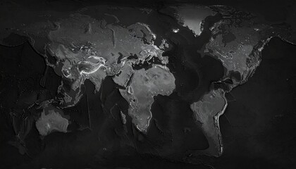 Grayscale World Map Highlighting Terrain and Elevation Features