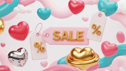 Sale sign with gold text surrounded by floating hearts and price tags. Valentines Day discount, shopping promotion banner.