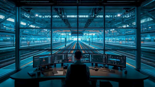 Central control room operator monitoring large scale industrial facility with advanced digital dashboards and real time system management technology
