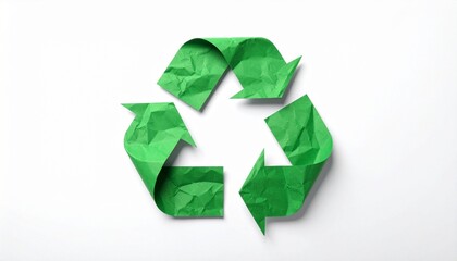 Obraz premium Green Crumpled-Paper Recycling Symbol on White Background