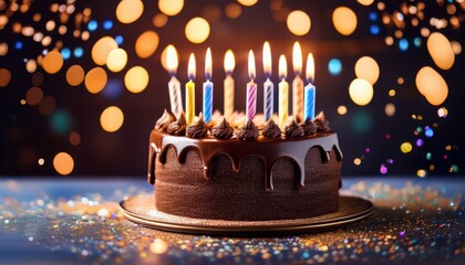 Chocolate Birthday Cake With Candles On A Festive Table With Glitter Confetti Dark Background With Bokeh Copyspace