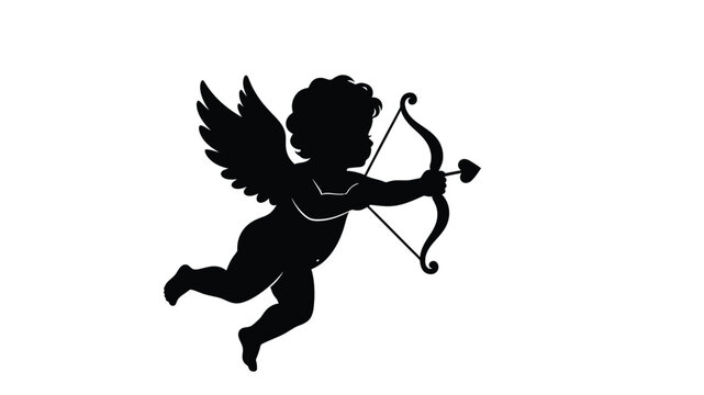 Silhouette of a cherubic cupid aiming with a bow and arrow a symbol of love