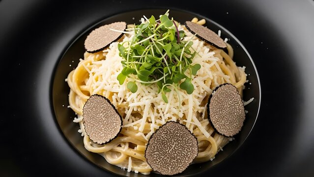 Gourmet pasta dish with cheese, microgreens, and sliced truffles