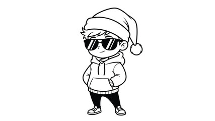 Naklejka premium Cool cartoon character wearing a santa hat and sunglasses black and white line art