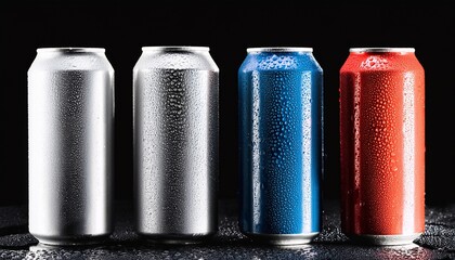 Four Refreshing Cold Soda Cans With Water Droplets On Black Background