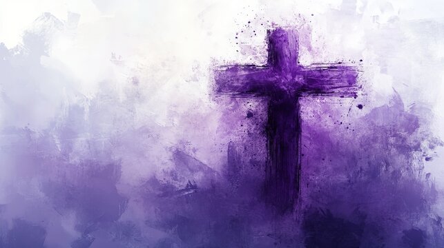 A purple cross on a watercolor background symbolizing Lent or Holy Week in the Christian faith