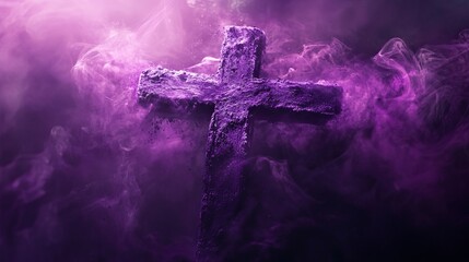 Obraz premium A dramatic purple cross surrounded by misty clouds and divine light, symbolizing Lent and Christian worship.
