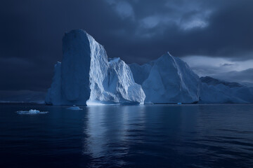 A majestic iceberg rises in twilight, embraced by deep blue waters and shadowy clouds Generative AI
