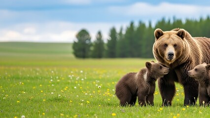 Brown Bear Mother with Cubs in Meadow.
