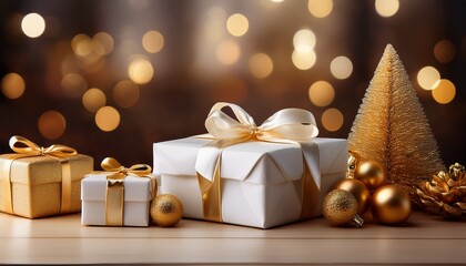 White Gold Christmas Presents On Empty Table With Blurred Bokeh Lights