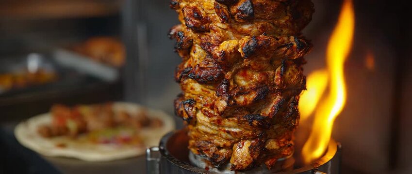 A vibrant shawarma roast spins, showcasing its crisp, smoky goodness.