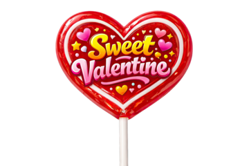 Sweet valentine message on a red heart shaped lollipop with small hearts on a white stick for valentines day