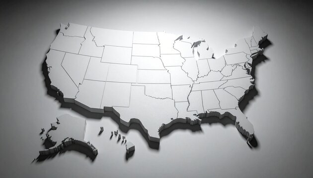 Minimalist 3D white relief map of USA with all states symbolizing geography unity and design clarity