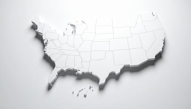 Minimalist 3D white relief map of USA with all states symbolizing geography unity and design clarity