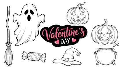 Fototapeta premium Valentine's Day elements with Halloween characters and symbols surrounding a central text