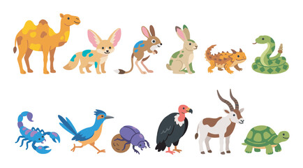 Obraz premium Collection of cute cartoon desert animals featuring a camel, fennec fox, snake, scorpion, vulture, and tortoise in a simple flat vector illustration style for children