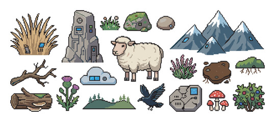 Fototapeta premium Collection of pixel art game assets featuring nature and fantasy elements like a sheep, raven, mountains, and ancient stones for a retro video game design project