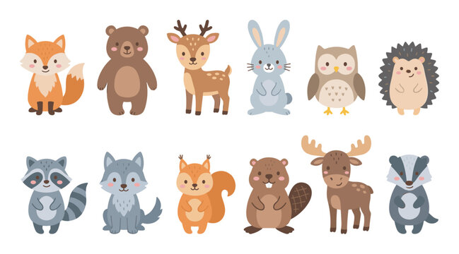 Charming collection of cute woodland animals featuring a fox, bear, deer, rabbit, owl, hedgehog, raccoon, and wolf, all depicted in a simple, flat cartoon illustration style