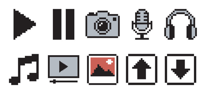 Set of pixel art media icons featuring play, pause, camera, microphone, and headphone symbols in a retro 8-bit video game style for user interface design