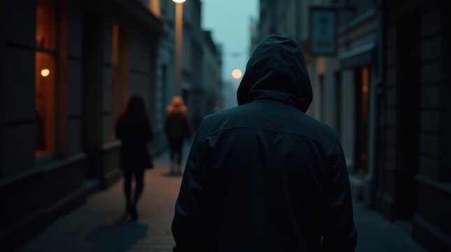 Crime, stalking and sexual assault concept. Back of man in hood following woman in dark narrow street at night late evening 